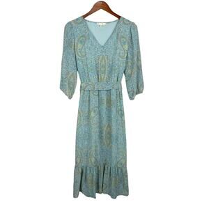 Jane & Delancey Midi Dress Blue Paisley Belt Tie Cottage Boho Women's S
